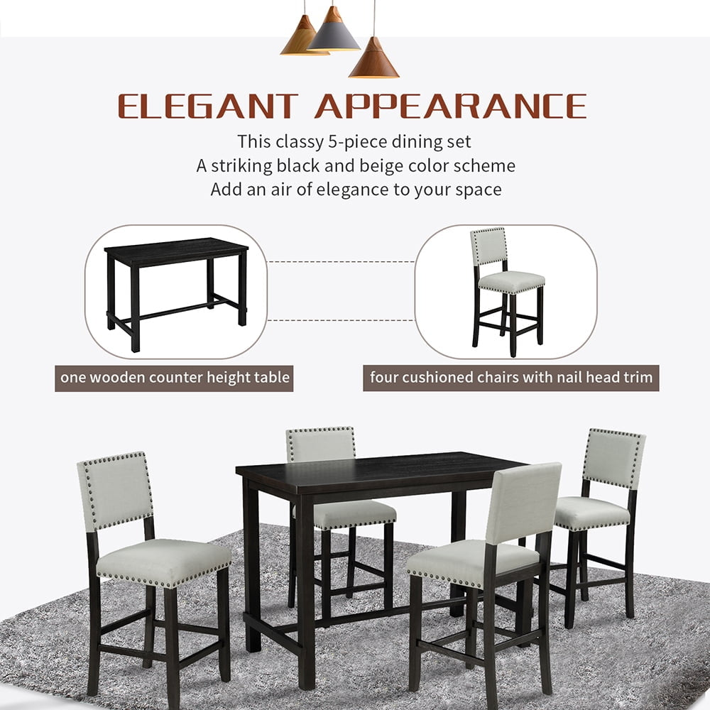 Hommoo 5-Piece Counter-Height Dining Set - Table and 4 Chairs - BlackandBeige Image 2