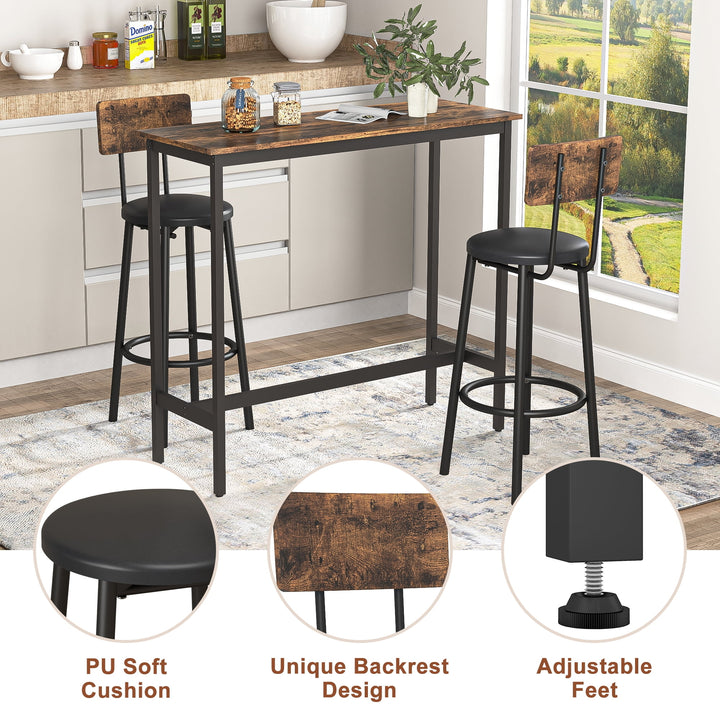 Hommoo 3-Piece Bar Pub Table Set with 2 Bar Stools, Industrial Kitchen Dining Counter Height Table and Chairs Rustic Image 2