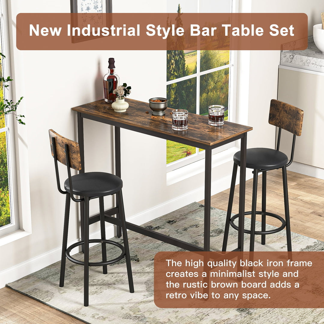 Hommoo 3-Piece Bar Pub Table Set with 2 Bar Stools, Industrial Kitchen Dining Counter Height Table and Chairs Rustic Image 4