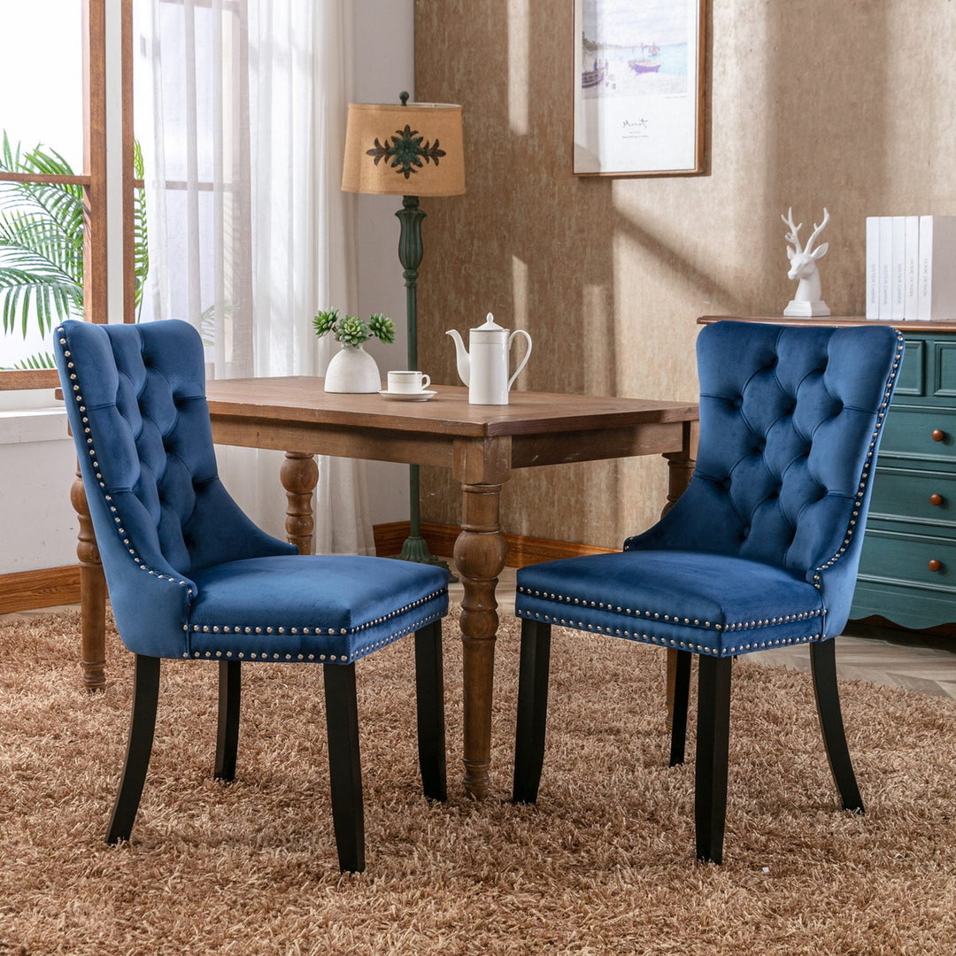 Hommoo Upholstered Tufted Dining Chairs Set of 2 with Nail Head Decor, Blue Velvet Fabric Image 2