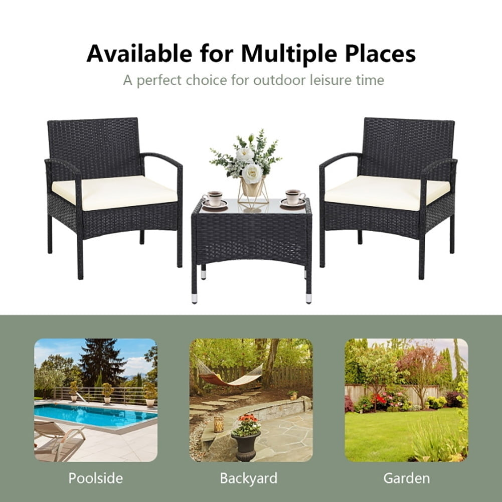 Hommoo 3 Pieces Patio Porch Furniture Set PE Rattan Wicker Chairs with Glass Table Outdoor Garden Bistro Set, Black Image 3