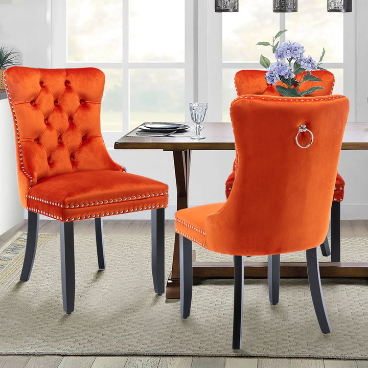 Hommoo Upholstered Tufted Dining Chairs Set of 2 with Nail Head Decor, Orange Velvet Fabric Image 1