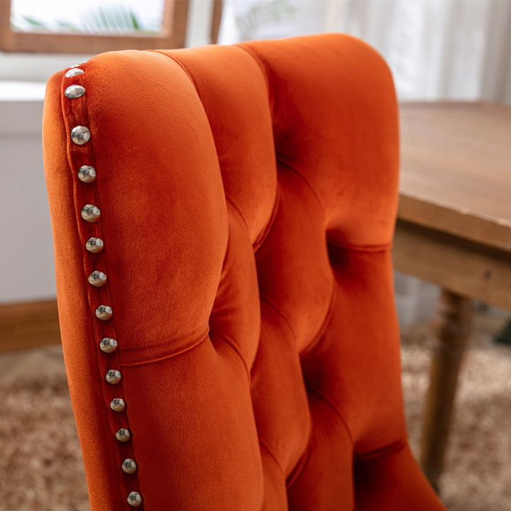 Hommoo Upholstered Tufted Dining Chairs Set of 2 with Nail Head Decor, Orange Velvet Fabric Image 3