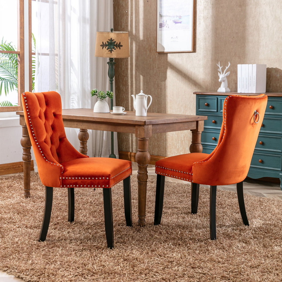 Hommoo Upholstered Tufted Dining Chairs Set of 2 with Nail Head Decor, Orange Velvet Fabric Image 4