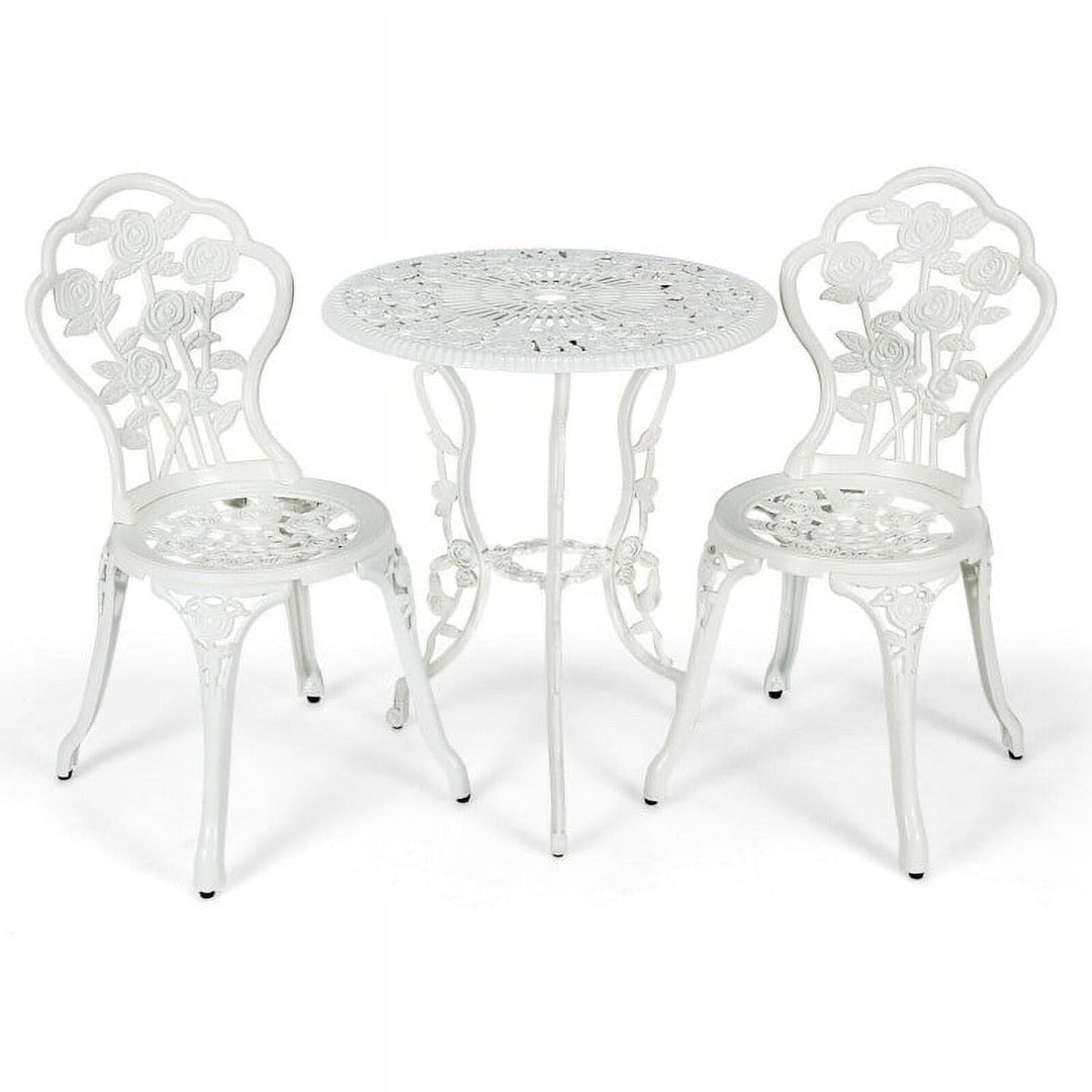 Hommoo Outdoor Cast Aluminum Patio Furniture Set, Small Patio Conversation Furniture Set with Rose Design-White Image 1