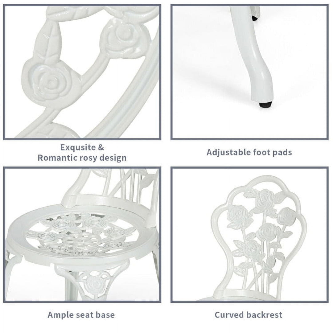 Hommoo Outdoor Cast Aluminum Patio Furniture Set, Small Patio Conversation Furniture Set with Rose Design-White Image 3