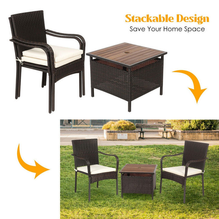 Hommoo 3 Pieces Patio Rattan Furniture Bistro Set, Small Patio Conversation Furniture Set with Wood Side Table and Image 2