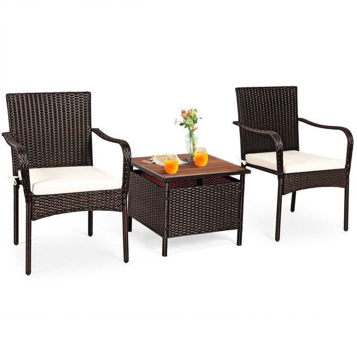 Hommoo 3 Pieces Patio Rattan Furniture Bistro Set, Small Patio Conversation Furniture Set with Wood Side Table and Image 6