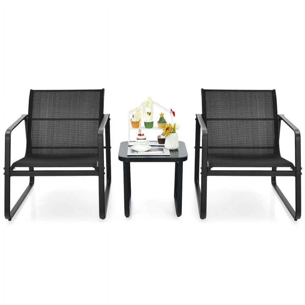 Hommoo Acacia Wood Sofa Set, Small Patio Conversation Furniture Set with Glass Top Table Garden Deck-Black Image 2