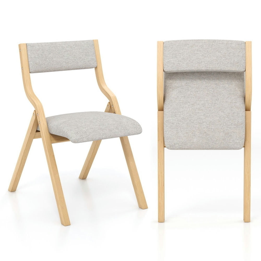 Hommoo Dining Chairs, Set of 2 Wooden Folding Dining Chair with Linen Fabric Padded Seat and Backrest-Natural Image 1