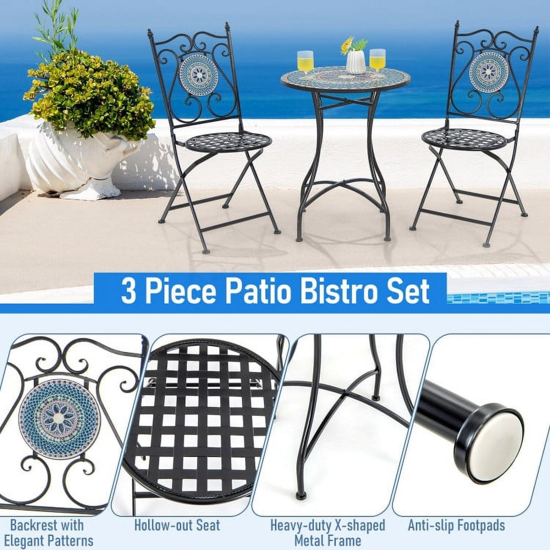 Hommoo 3 Piece Patio Bistro Set, Small Patio Conversation Furniture Set with Mosaic Pattern Image 3