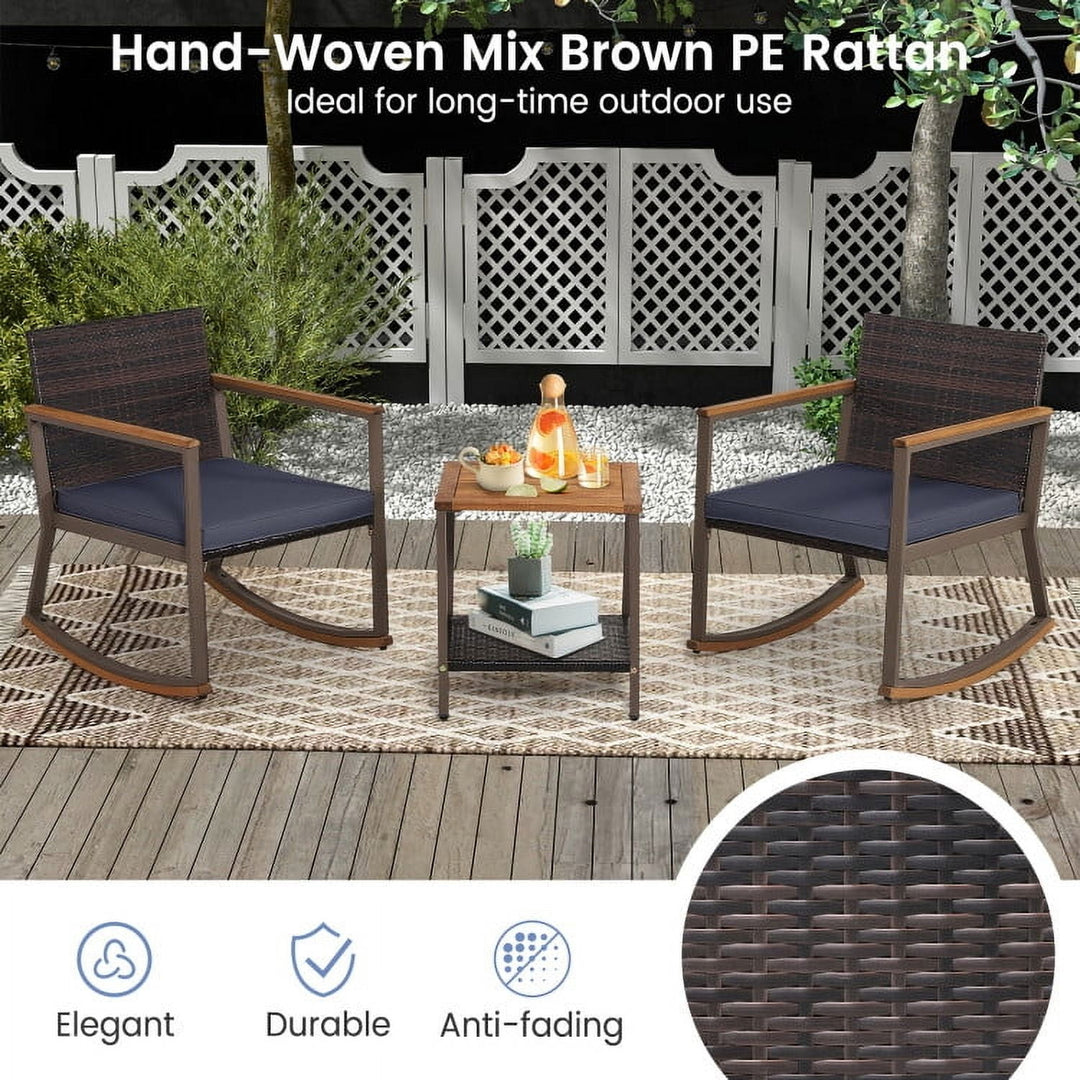 Hommoo 3 Pieces Rattan Rocking Bistro Set, Outdoor Furniture Garden Conversation Sets with Coffee Table and Cushions-Off Image 4