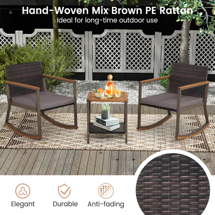 Hommoo 3 Pieces Rattan Rocking Bistro Set, Outdoor Furniture Garden Conversation Sets with Coffee Table and Cushions-Off Image 2