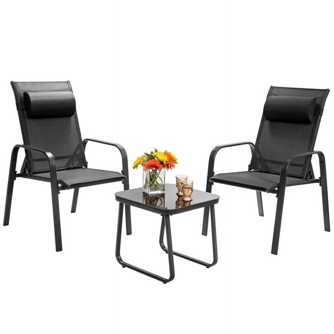 Hommoo 3 Pieces Patio Bistro Furniture Set, Small Patio Conversation Furniture Set with Adjustable Backrest-Black Image 1