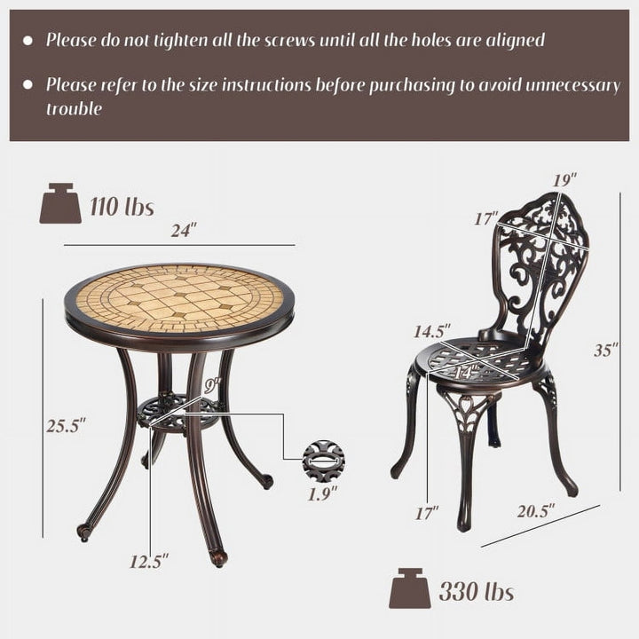 Hommoo 3-Piece All-Weather Cast Aluminum Patio Bistro Set, Small Patio Conversation Furniture Set with High Backrest and Image 3