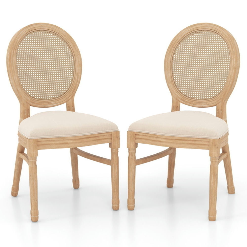 Hommoo Dining Chairs, Set of 2 Dining Chairs French Style Kitchen Chair with Hand-Woven Rattan Backrest-Beige Image 1