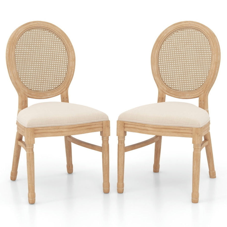 Hommoo Dining Chairs, Set of 2 Dining Chairs French Style Kitchen Chair with Hand-Woven Rattan Backrest-Beige Image 1