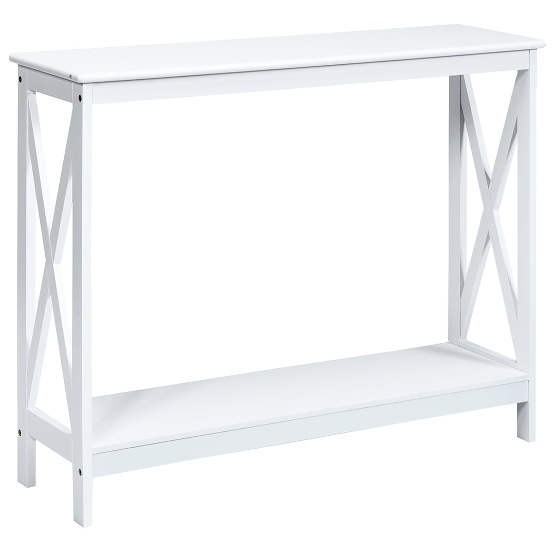 Costway 2-Tier Console Table x-Design Bookshelf Sofa Side Accent Table w/Shelf White\ Black\Espresso\Wood Grain Image 6