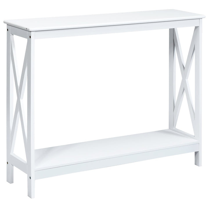 Costway 2-Tier Console Table x-Design Bookshelf Sofa Side Accent Table w/Shelf White\ Black\Espresso\Wood Grain Image 7