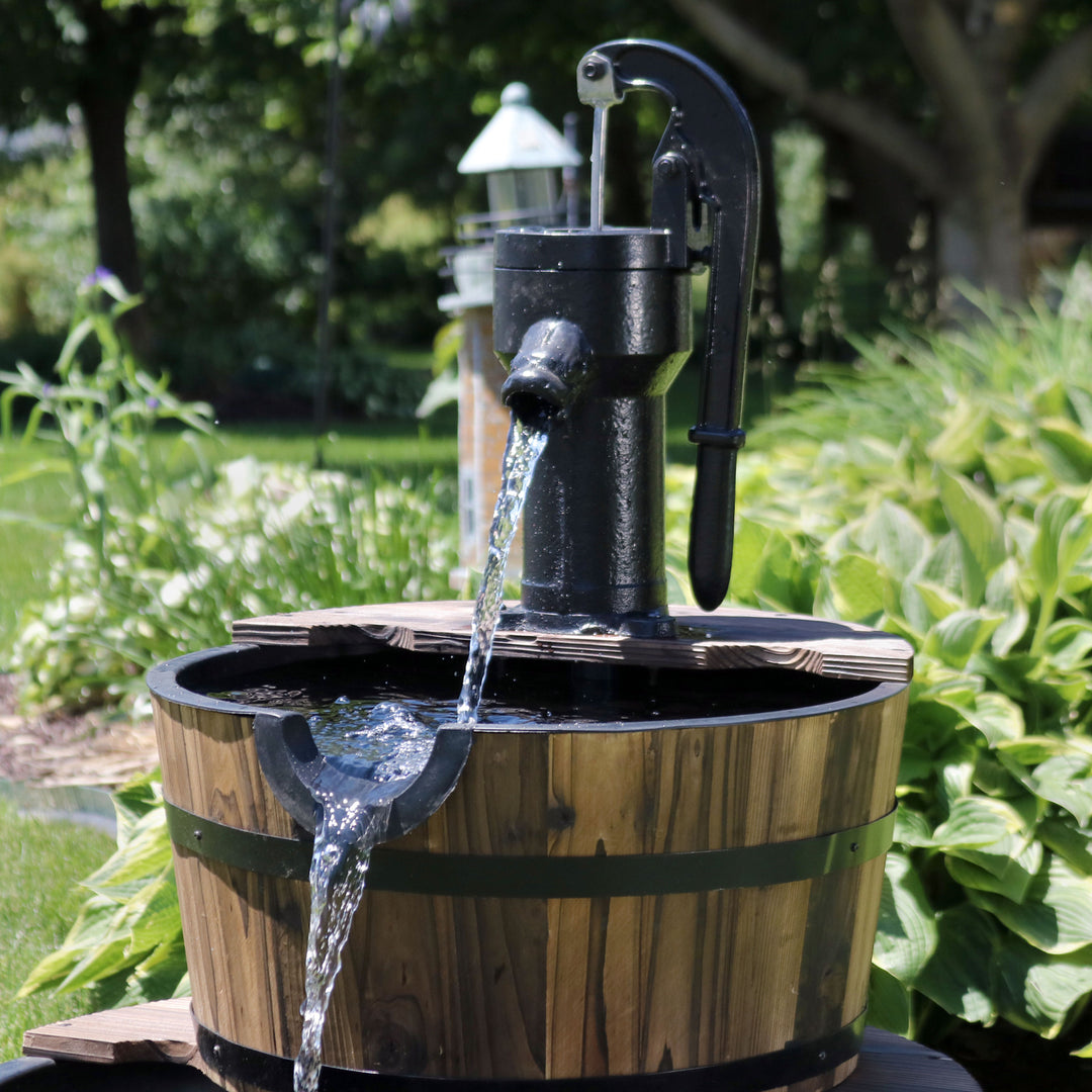 Sunnydaze Rustic 2-Tier Wood Barrel Water Fountain with Hand Pump - 34 in Image 5