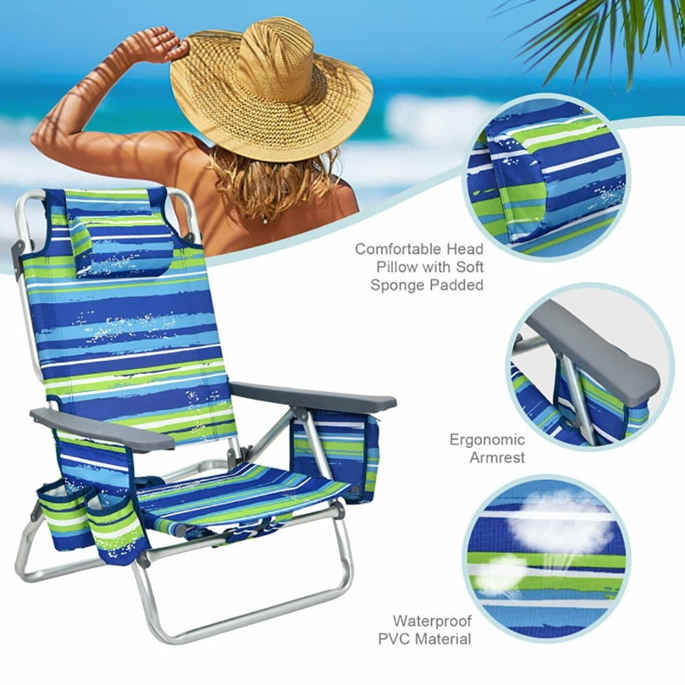 Hommoo 4-Pack 5-Position Outdoor Folding Backpack Beach Reclining Chair with Pillow-Blue Image 2