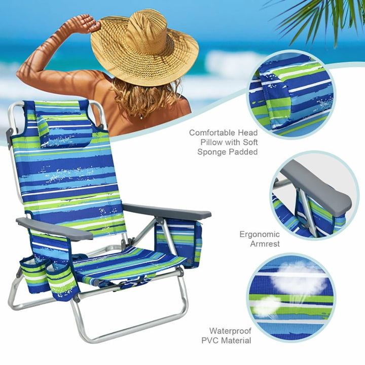 Hommoo 4-Pack 5-Position Outdoor Folding Backpack Beach Reclining Chair with Pillow-Blue Image 2