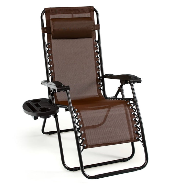 Hommoo Outdoor Folding Zero Gravity Reclining Lounge Chair with Utility Tray-Brown, Zero Gravity Lawn Lounge Chairs with Image 1