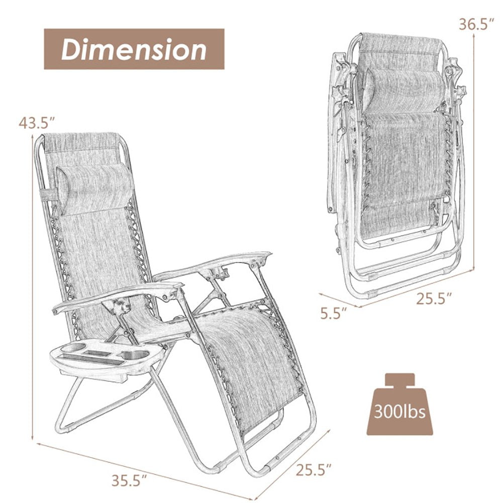 Hommoo Outdoor Folding Zero Gravity Reclining Lounge Chair with Utility Tray-Brown, Zero Gravity Lawn Lounge Chairs with Image 7