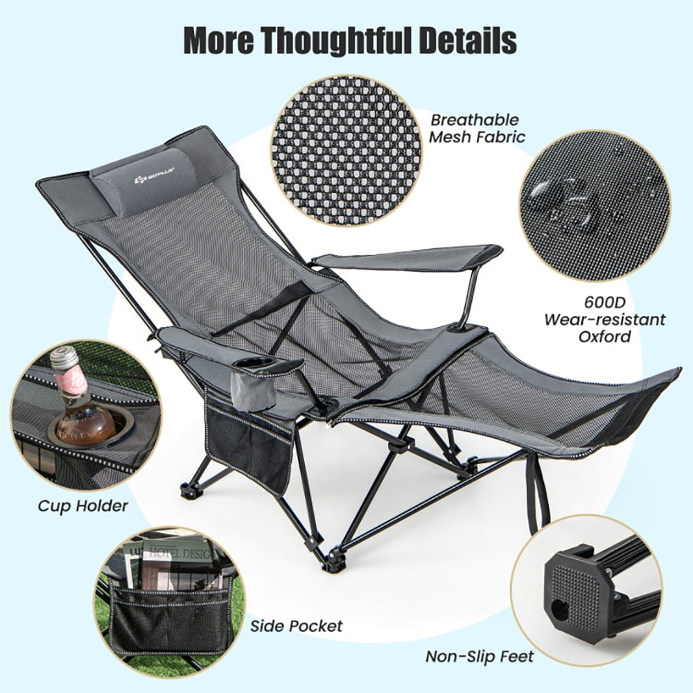 Hommoo Camping Lounge Chair with Detachable Footrest Adjustable Backrest-Gray, Camping Chairs for Adult Hiking Fishing Image 2