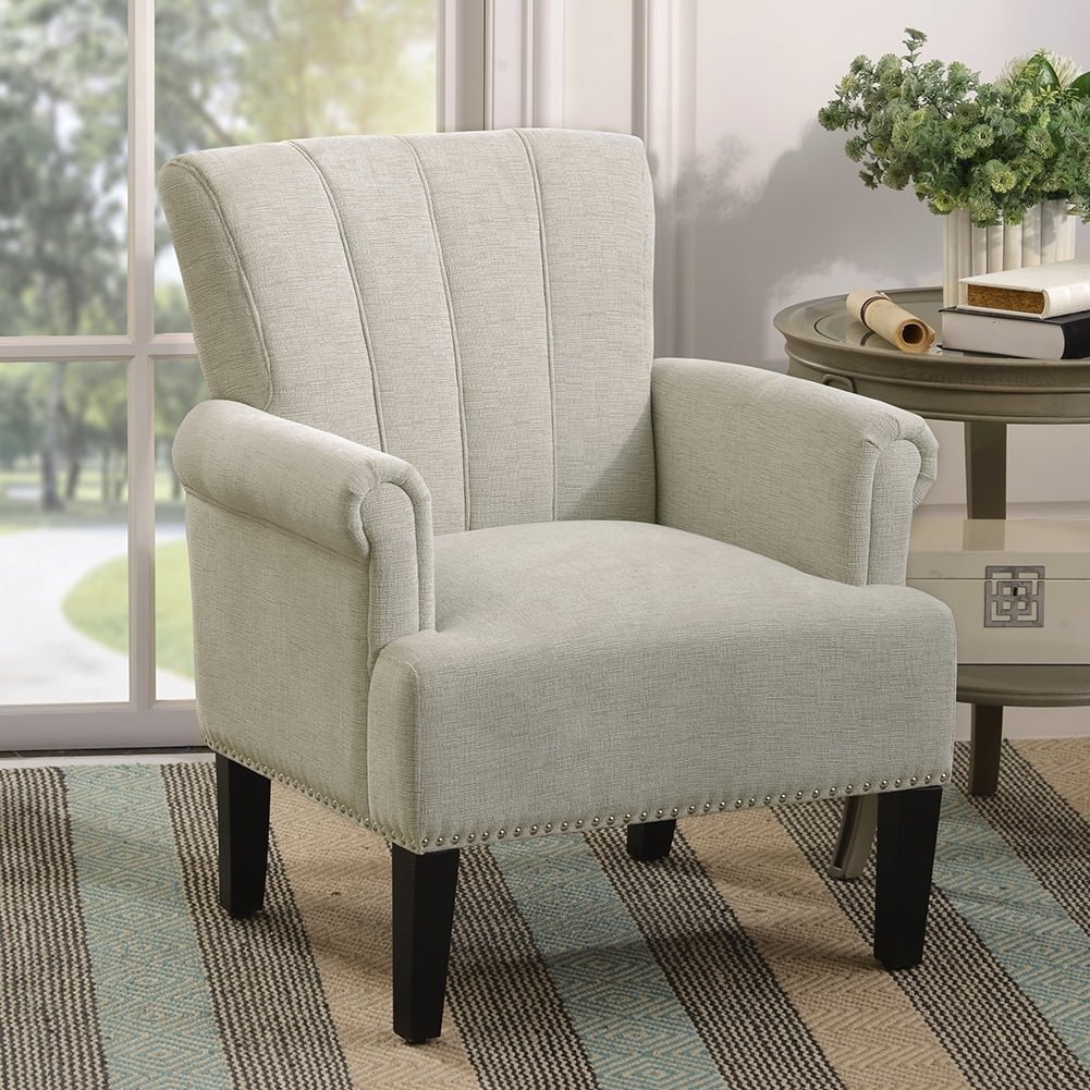 Hommoo Modern Rivet Tufted Polyester Armchair, High Back Upholstered Seat - Cream Image 1