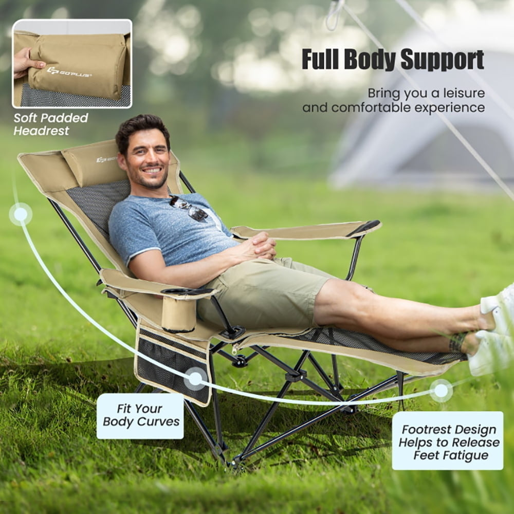 Hommoo Camping Lounge Chair with Detachable Footrest Adjustable Backrest-Khaki, Camping Chairs for Adult Hiking Fishing Image 4