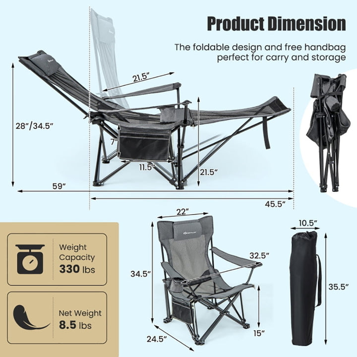 Hommoo Camping Lounge Chair with Detachable Footrest Adjustable Backrest-Gray, Camping Chairs for Adult Hiking Fishing Image 6