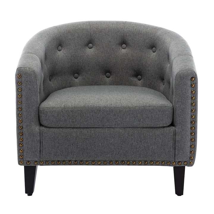 Hommoo Modern linen Barrel Chair, Tufted Button Armchair with Wooden legs - Gray Image 2