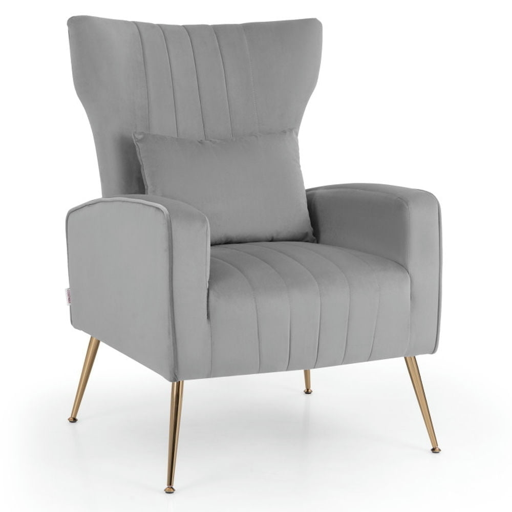 Hommoo Velvet Upholstered Wingback Chair with Lumbar Pillow and Golden Metal Legs-Gray, Modern Mid-Century Upholstered Image 1