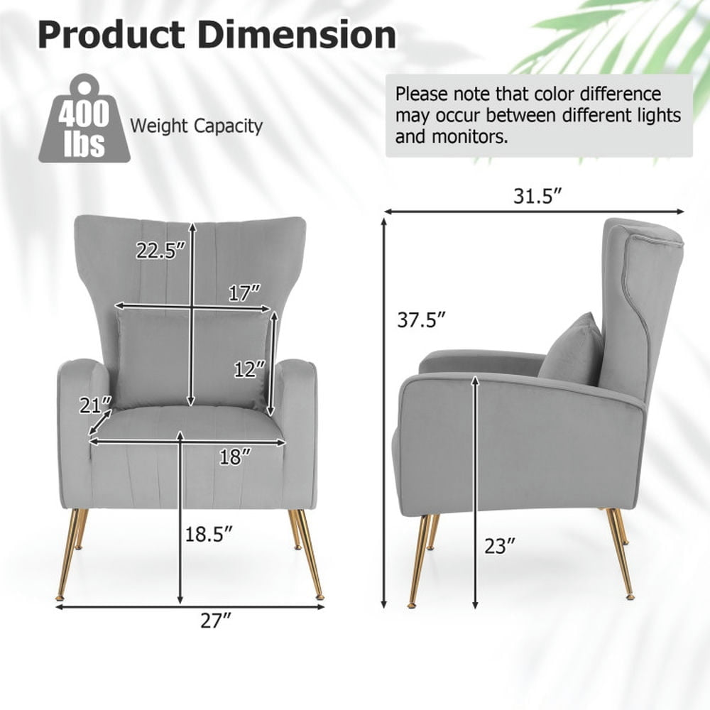 Hommoo Velvet Upholstered Wingback Chair with Lumbar Pillow and Golden Metal Legs-Gray, Modern Mid-Century Upholstered Image 2