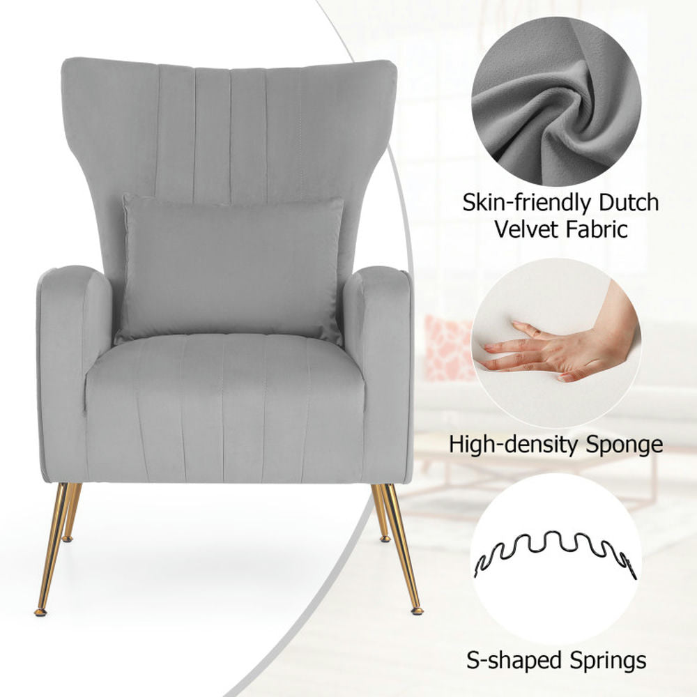 Hommoo Velvet Upholstered Wingback Chair with Lumbar Pillow and Golden Metal Legs-Gray, Modern Mid-Century Upholstered Image 3