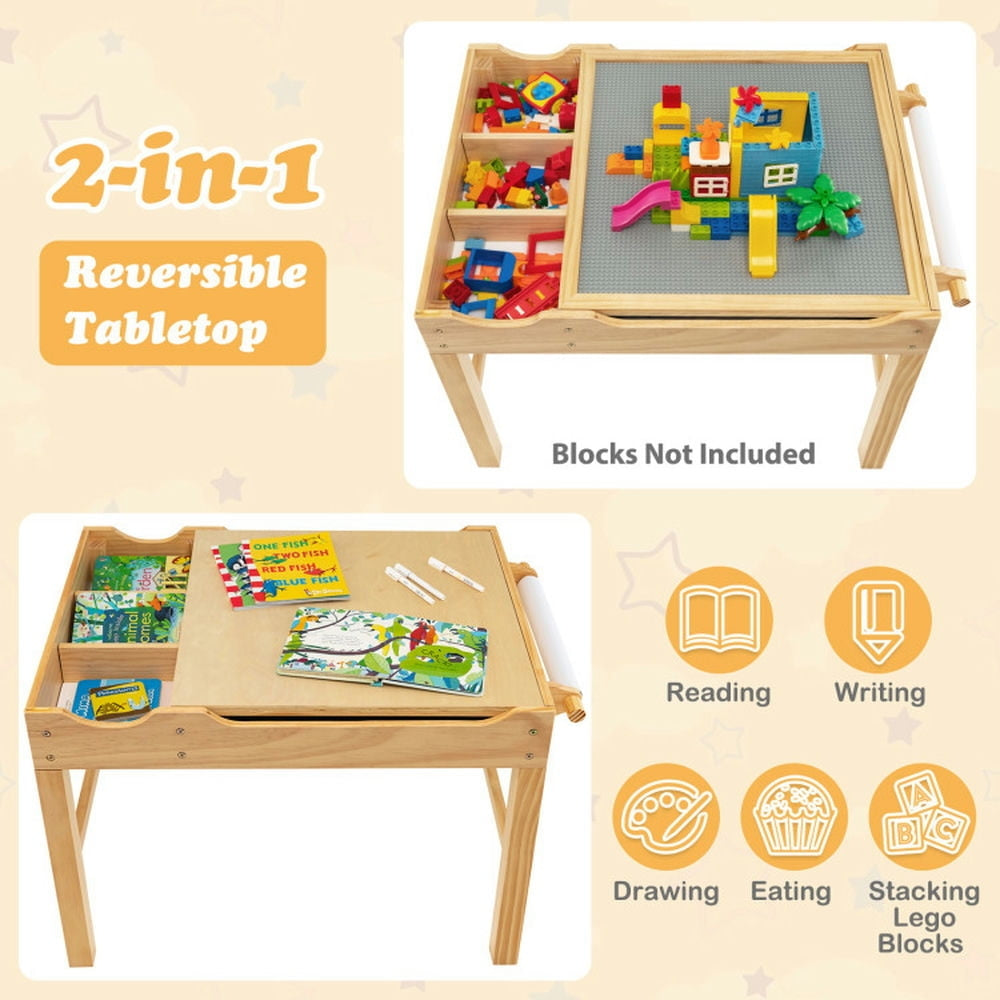 Hommoo Kids Multi Activity Play Table Wooden Building Block Desk with Storage Paper Roll-Natural Image 2