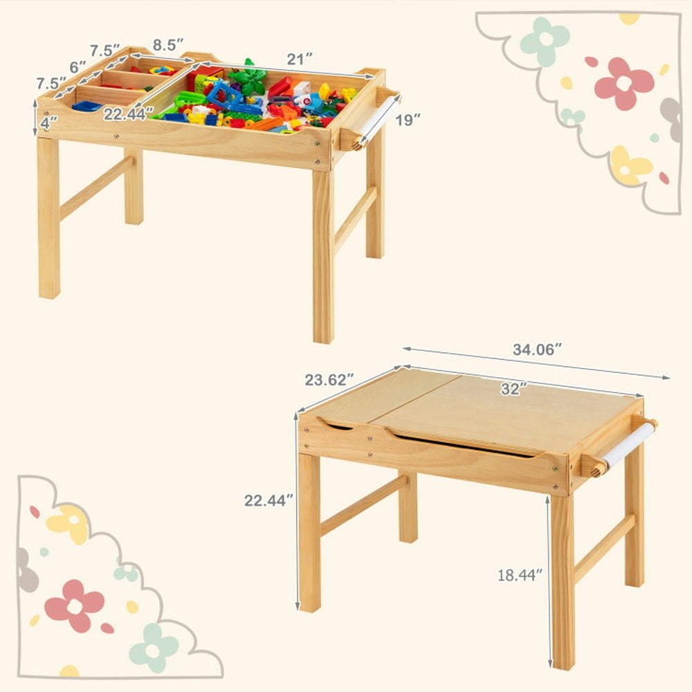 Hommoo Kids Multi Activity Play Table Wooden Building Block Desk with Storage Paper Roll-Natural Image 6