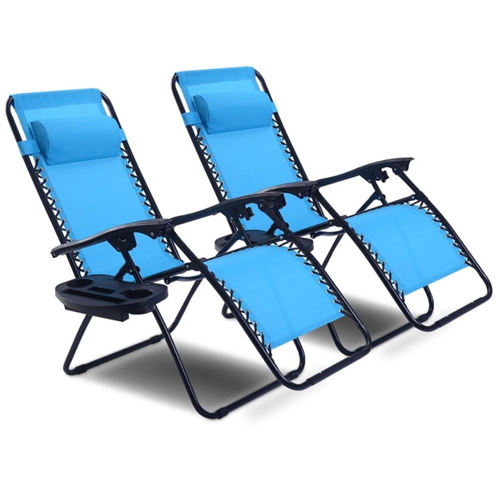 Hommoo 2 Pieces Folding Lounge Chair with Zero Gravity-Light Blue, Zero Gravity Lawn Lounge Chairs with Cup Holder Image 1