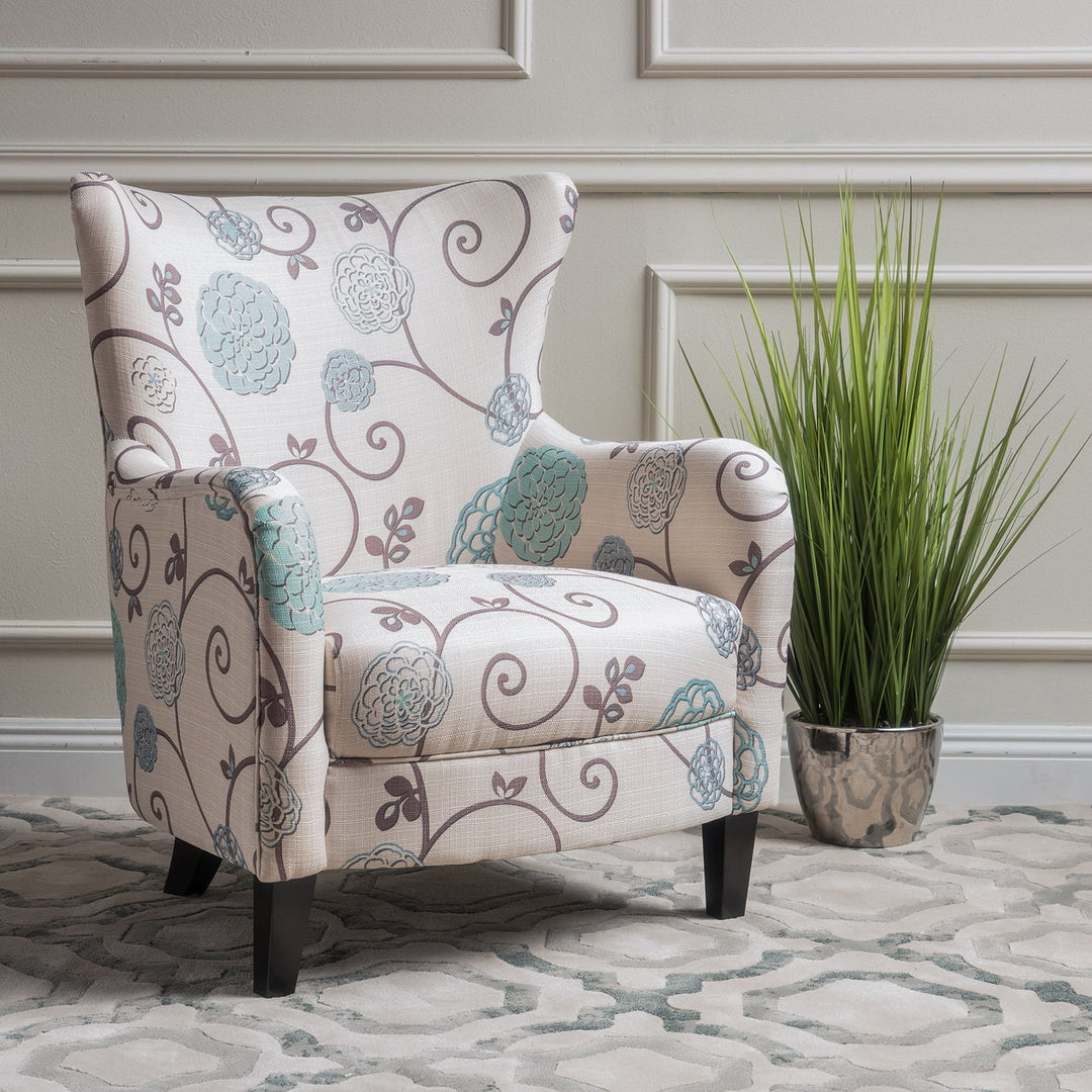 Hommoo Patterned Armchair with Colorful Accents, White+Multi Fabric, Bold Statement Chair, 30.25x30x36.25" Image 1