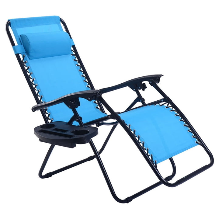 Hommoo 2 Pieces Folding Lounge Chair with Zero Gravity-Light Blue, Zero Gravity Lawn Lounge Chairs with Cup Holder Image 4