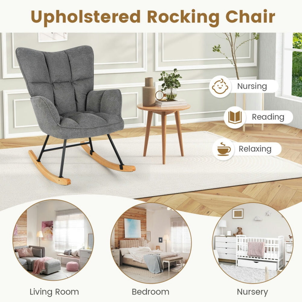 Hommoo Linen Nursery Rocking Chair with High Backrest and Padded Armrests-Gray, Comfortable Rocker for Living Room, Image 2