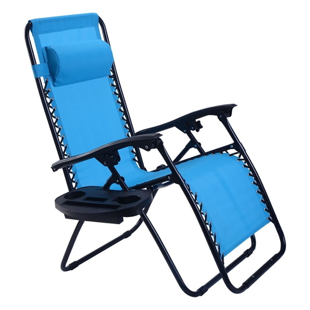 Hommoo 2 Pieces Folding Lounge Chair with Zero Gravity-Light Blue, Zero Gravity Lawn Lounge Chairs with Cup Holder Image 5