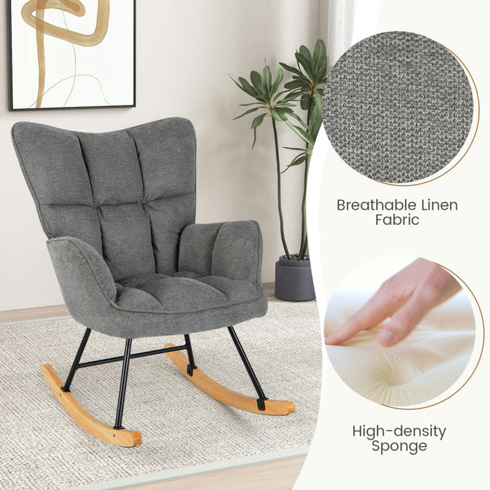 Hommoo Linen Nursery Rocking Chair with High Backrest and Padded Armrests-Gray, Comfortable Rocker for Living Room, Image 4