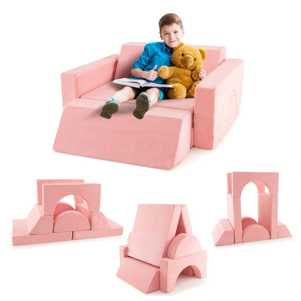 Hommoo 8 Pieces Kids Modular Play Sofa with Detachable Cover for Playroom and Bedroom-Pink, Kids Chairs for Kids Image 1