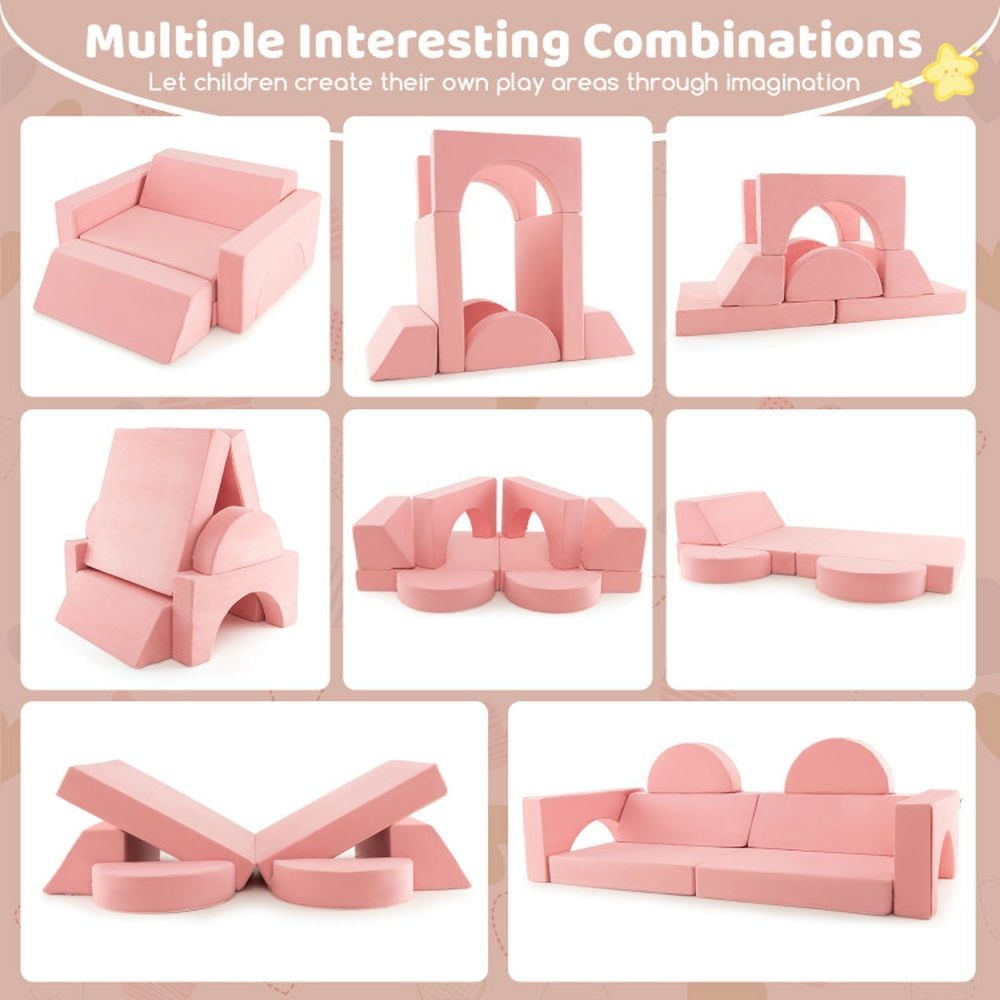 Hommoo 8 Pieces Kids Modular Play Sofa with Detachable Cover for Playroom and Bedroom-Pink, Kids Chairs for Kids Image 2