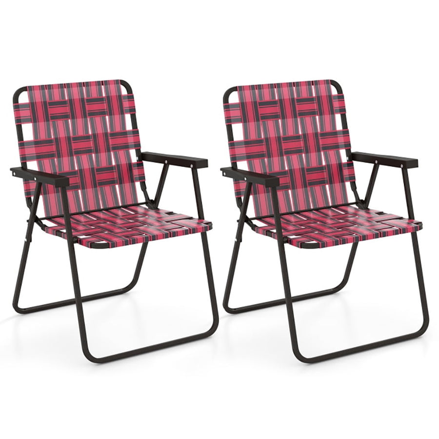 Hommoo 2 Pieces Folding Beach Chair Camping Lawn Webbing Chair-Red Image 1