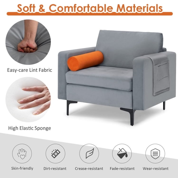 Hommoo Modern Single Sofa with Cushion Bolster and Side Storage Pocket, Upholstered Armchair for Living Room, Bedroom, Image 3