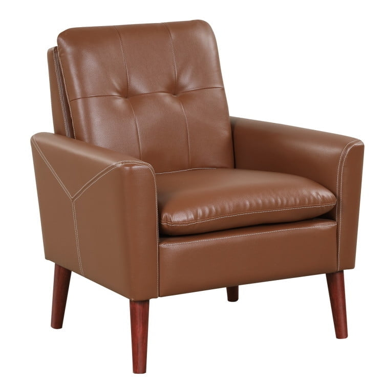 Hommoo Modern PU Leather Accent Chair with Solid Wood Legs-Brown, Modern Mid-Century Upholstered Living Room Chair Image 1