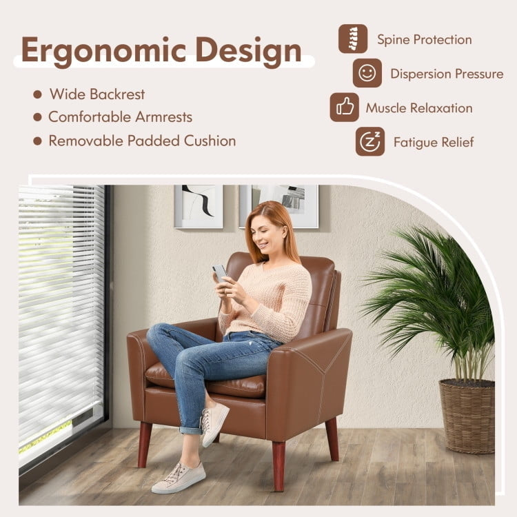 Hommoo Modern PU Leather Accent Chair with Solid Wood Legs-Brown, Modern Mid-Century Upholstered Living Room Chair Image 5